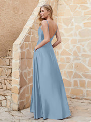 Robe Capot de A-ligne en Satin avec Fente Bleu Poudré Grande Taille