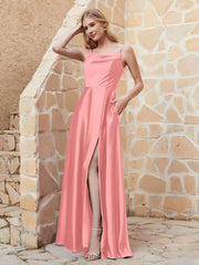 Robe Capot de A-ligne en Satin avec Fente Flamant