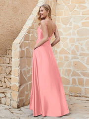 Robe Capot de A-ligne en Satin avec Fente Flamant