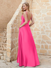 Robe Capot de A-ligne en Satin avec Fente Fuchsia Grande Taille