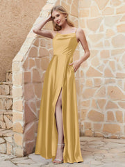 Robe Capot de A-ligne en Satin avec Fente Or Grande Taille