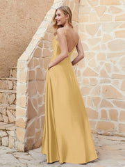 Robe Capot de A-ligne en Satin avec Fente Or