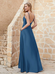 Robe Capot de A-ligne en Satin avec Fente Bleu Encre