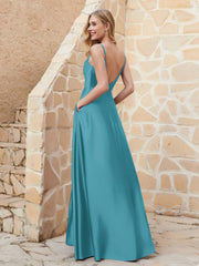 Robe Capot de A-ligne en Satin avec Fente Jade