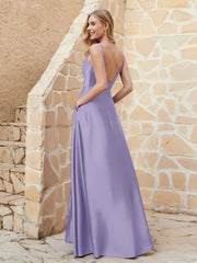 Robe Capot de A-ligne en Satin avec Fente Lavande