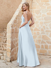 Robe Capot de A-ligne en Satin avec Fente Brume