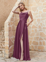 Robe Capot de A-ligne en Satin avec Fente Mûre