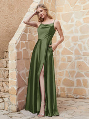 Robe Capot de A-ligne en Satin avec Fente Olive Verte Grande Taille