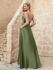Robe Capot de A-ligne en Satin avec Fente Olive Verte Grande Taille