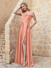 Robe Capot de A-ligne en Satin avec Fente Papaye