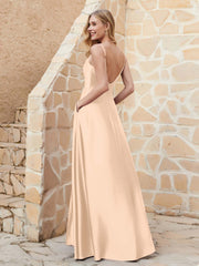 Robe Capot de A-ligne en Satin avec Fente Pêche