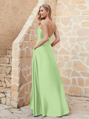 Robe Capot de A-ligne en Satin avec Fente Sauge