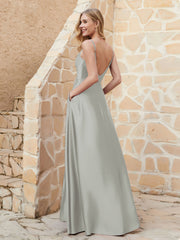 Robe Capot de A-ligne en Satin avec Fente Argent Grande Taille