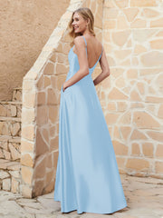 Robe Capot de A-ligne en Satin avec Fente Bleu Ciel