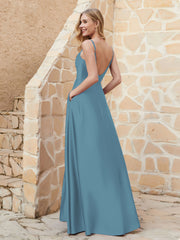 Robe Capot de A-ligne en Satin avec Fente Bleu de Schiste