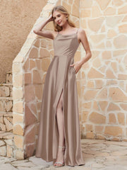 Robe Capot de A-ligne en Satin avec Fente Taupe