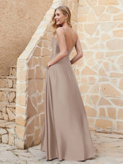 Robe Capot de A-ligne en Satin avec Fente Taupe Grande Taille