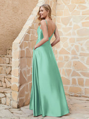 Robe Capot de A-ligne en Satin avec Fente Turquoise