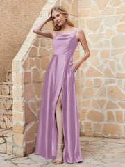 Robe Capot de A-ligne en Satin avec Fente Glycine