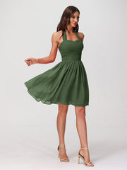 Licou Col en Cœur Mousseline Robes Courtes Olive Verte