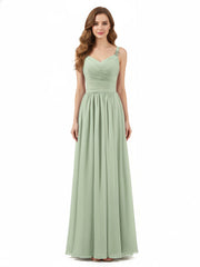 Plissé Mousseline Bustier Robe Longue avec Bretelles Sauge Poudrée
