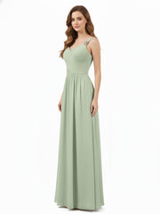 Plissé Mousseline Bustier Robe Longue avec Bretelles Sauge Poudrée