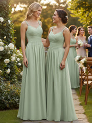 Plissé Mousseline Bustier Robe Longue avec Bretelles Sauge Poudrée