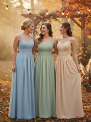 Plissé Mousseline Bustier Robe Longue avec Bretelles Sauge Poudrée