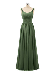 Plissé Mousseline Bustier Robe Longue avec Bretelles Olive Verte