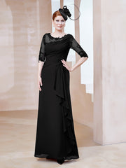 Robe en Mousseline à Manches Mi-longues et Décolleté Illusion avec Dentelle Noir