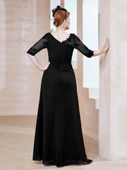 Robe en Mousseline à Manches Mi-longues et Décolleté Illusion avec Dentelle Noir