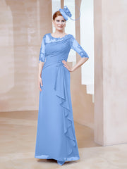 Robe en Mousseline à Manches Mi-longues et Décolleté Illusion avec Dentelle Bleu