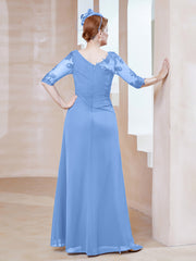 Robe en Mousseline à Manches Mi-longues et Décolleté Illusion avec Dentelle Bleu