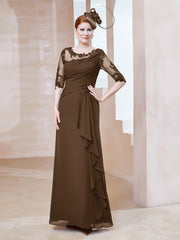 Robe en Mousseline à Manches Mi-longues et Décolleté Illusion avec Dentelle Brun