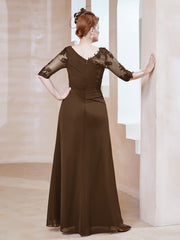 Robe en Mousseline à Manches Mi-longues et Décolleté Illusion avec Dentelle Brun