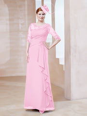 Robe en Mousseline à Manches Mi-longues et Décolleté Illusion avec Dentelle Rose Bonbon Grande Taille