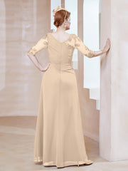 Robe en Mousseline à Manches Mi-longues et Décolleté Illusion avec Dentelle Champagne