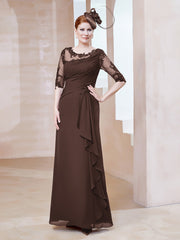 Robe en Mousseline à Manches Mi-longues et Décolleté Illusion avec Dentelle Chocolat