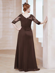 Robe en Mousseline à Manches Mi-longues et Décolleté Illusion avec Dentelle Chocolat