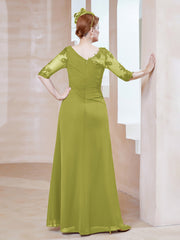 Robe en Mousseline à Manches Mi-longues et Décolleté Illusion avec Dentelle Trèfle