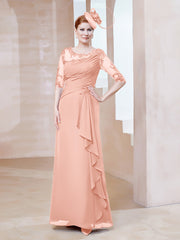Robe en Mousseline à Manches Mi-longues et Décolleté Illusion avec Dentelle Corail Grande Taille