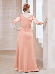 Robe en Mousseline à Manches Mi-longues et Décolleté Illusion avec Dentelle Corail