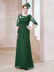 Robe en Mousseline à Manches Mi-longues et Décolleté Illusion avec Dentelle Vert Foncé Grande Taille
