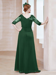 Robe en Mousseline à Manches Mi-longues et Décolleté Illusion avec Dentelle Vert Foncé Grande Taille