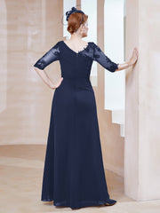 Robe en Mousseline à Manches Mi-longues et Décolleté Illusion avec Dentelle Bleu Marine Grande Taille