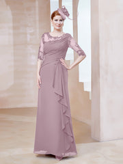 Robe en Mousseline à Manches Mi-longues et Décolleté Illusion avec Dentelle Dusk