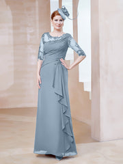 Robe en Mousseline à Manches Mi-longues et Décolleté Illusion avec Dentelle Bleu Poudré Grande Taille