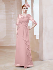 Robe en Mousseline à Manches Mi-longues et Décolleté Illusion avec Dentelle Rose Poudré Grande Taille