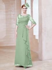 Robe en Mousseline à Manches Mi-longues et Décolleté Illusion avec Dentelle Sauge Poudrée