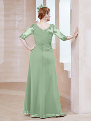 Robe en Mousseline à Manches Mi-longues et Décolleté Illusion avec Dentelle Sauge Poudrée Grande Taille